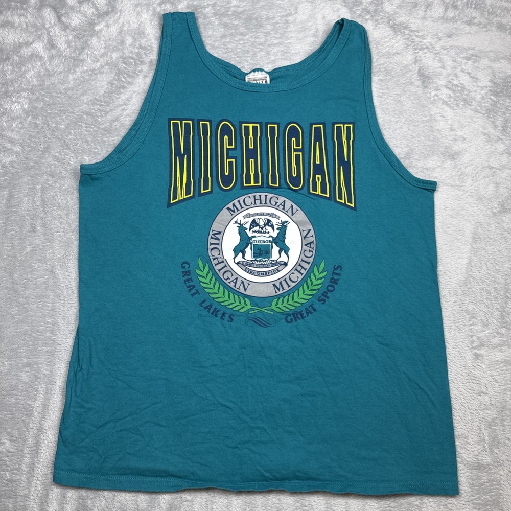 Vintage Michigan Tank Top Shirt Men XL Aqua Blue Seal Great Lakes Great Sports